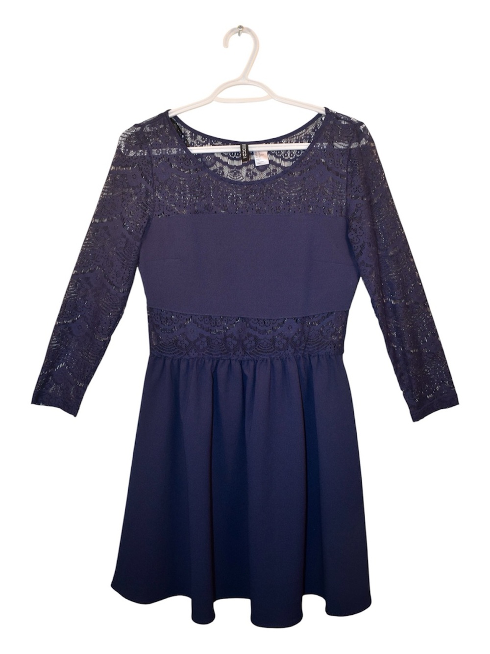 H&M Navy Lace-Sleeve Fit & Flare Dress
